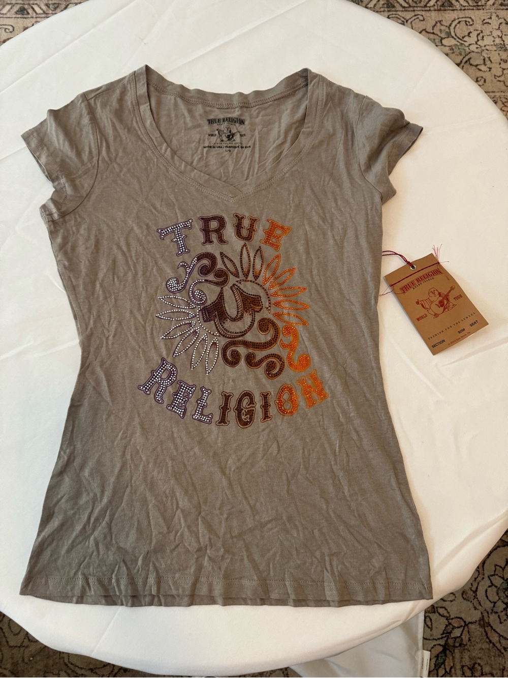 True Religion V‑Neck Short Sleeve Tee in Gray with Purple and Orange Logo